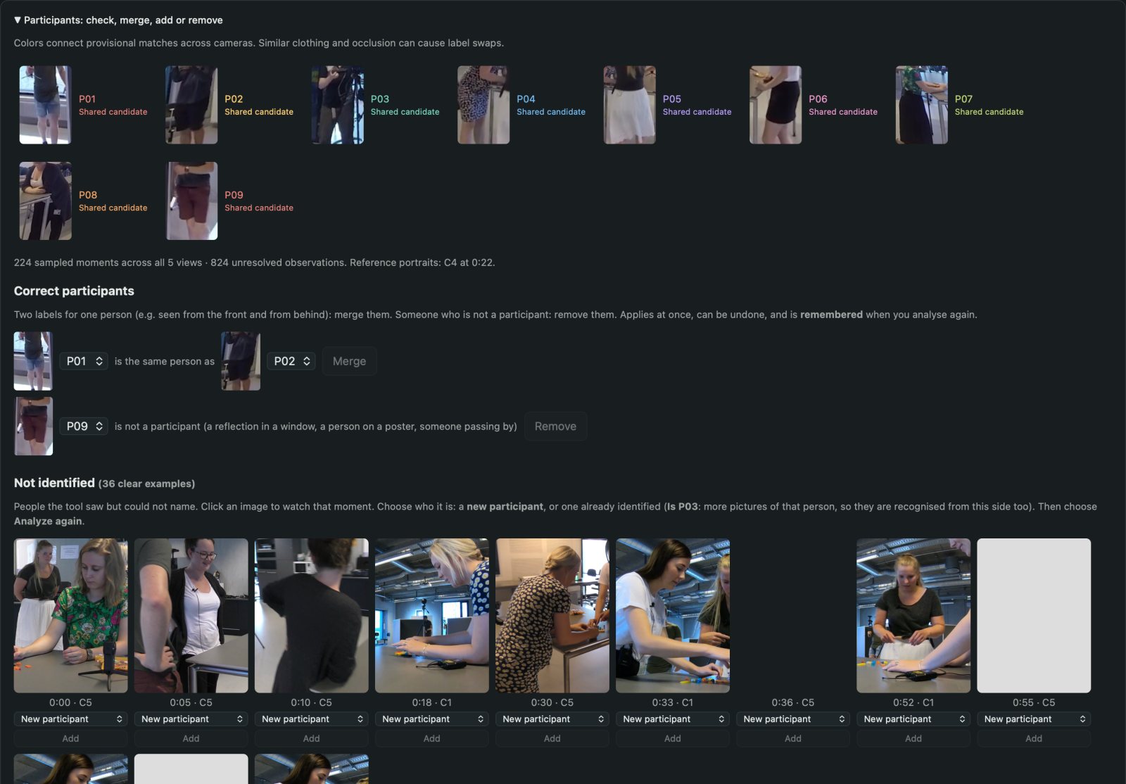 Participant pictures with merge and remove controls
