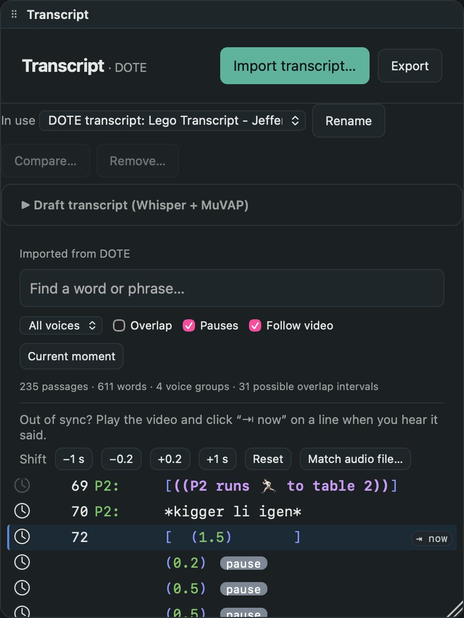 Transcript panel in DOTE's style with Jeffersonian symbols, pauses and actions